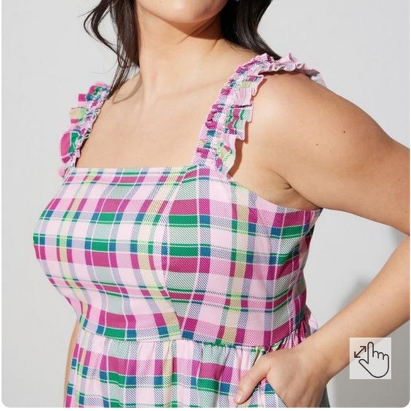 Torrid Midi Poplin Tiered Ruffle Strap Dress Cotton Plaid Pink Green Size 3 - Picture 3 of 12